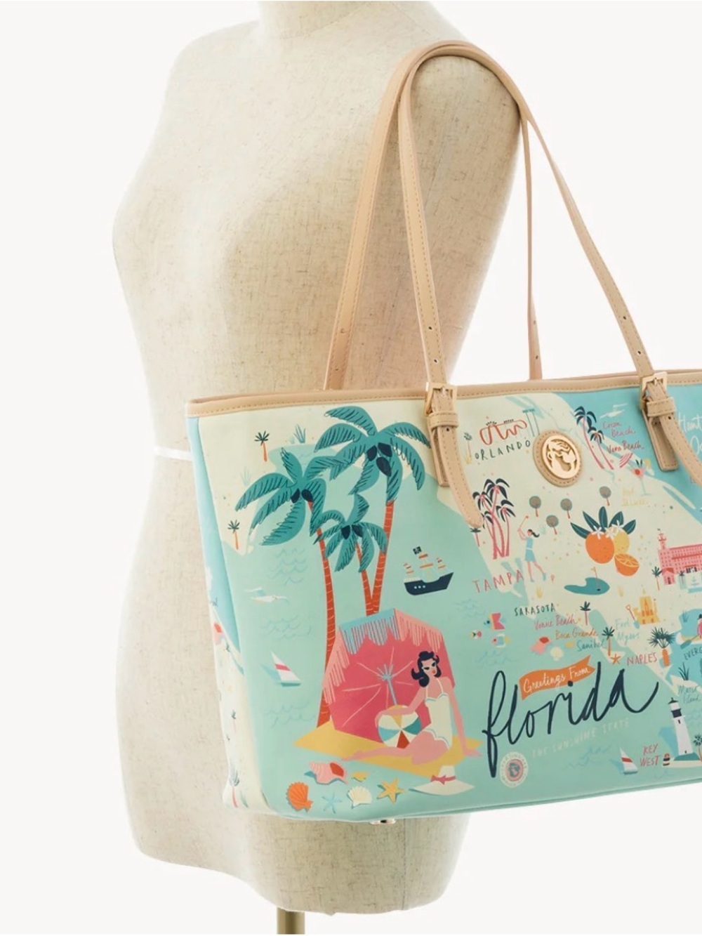 Spartina 449 Aqua Florida Map Tote with Tan Straps